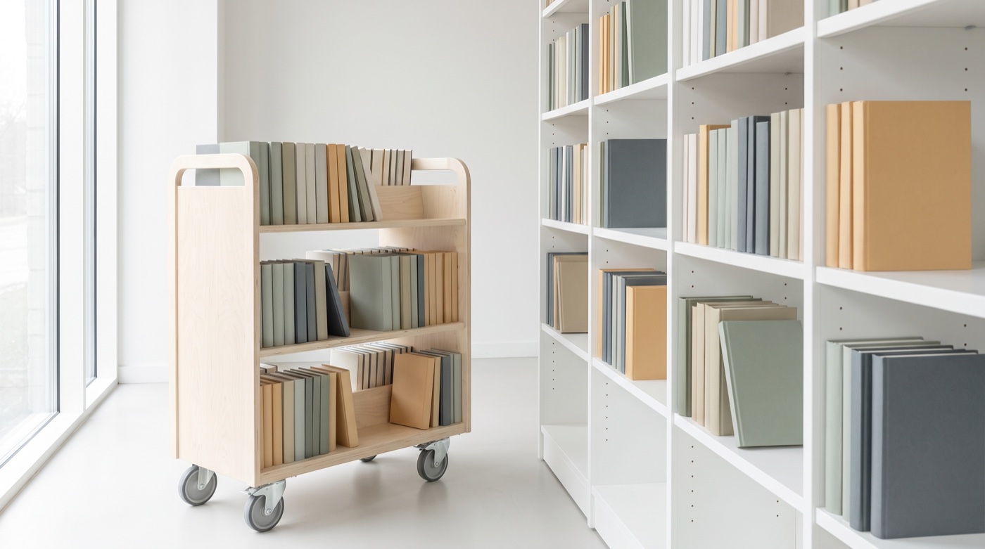 A library trolley of new books parked beside white shelving