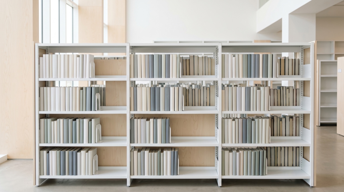 A calm, spacious run of shelving with books standing upright between bookends