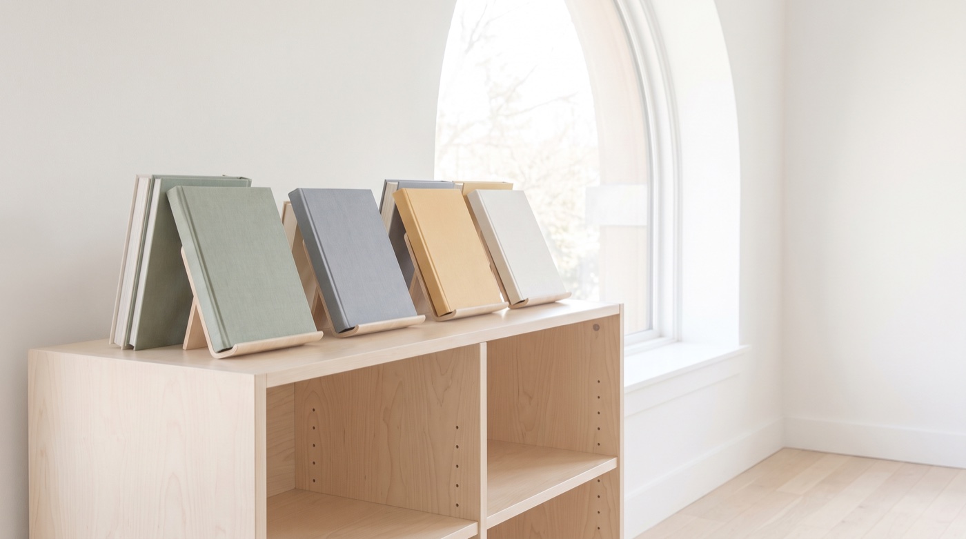 A small face-out book display on a low pale-wood unit