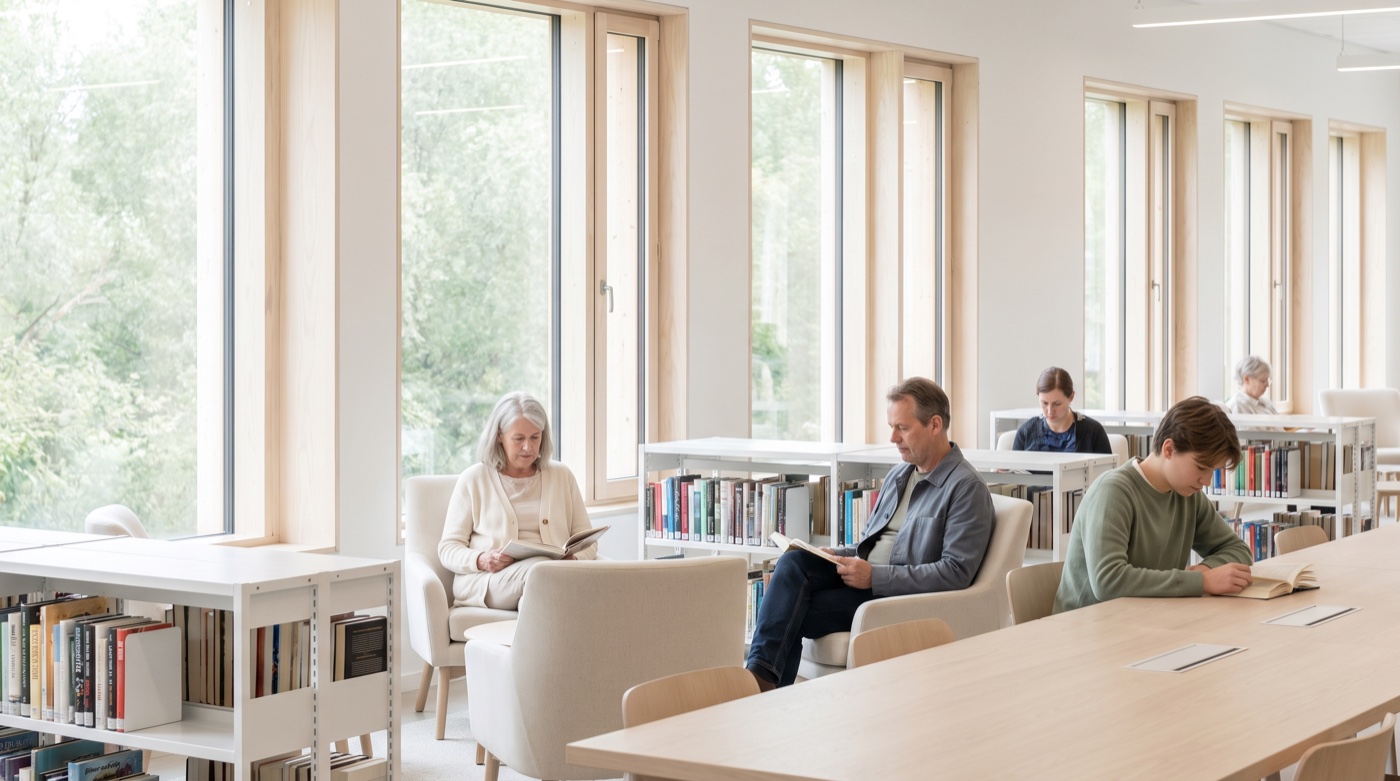 Library visitors reading in armchairs and at a long table in a bright reading area