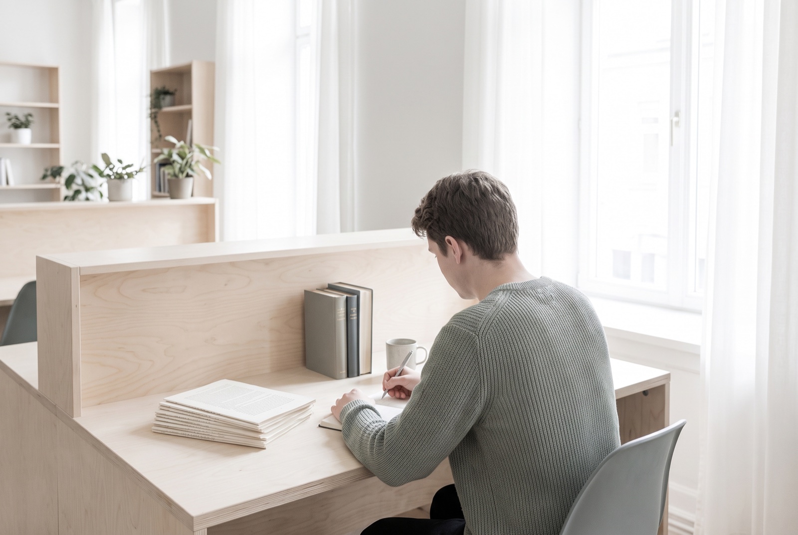 A librarian working through a notebook and printed pages at a desk beside a bright window