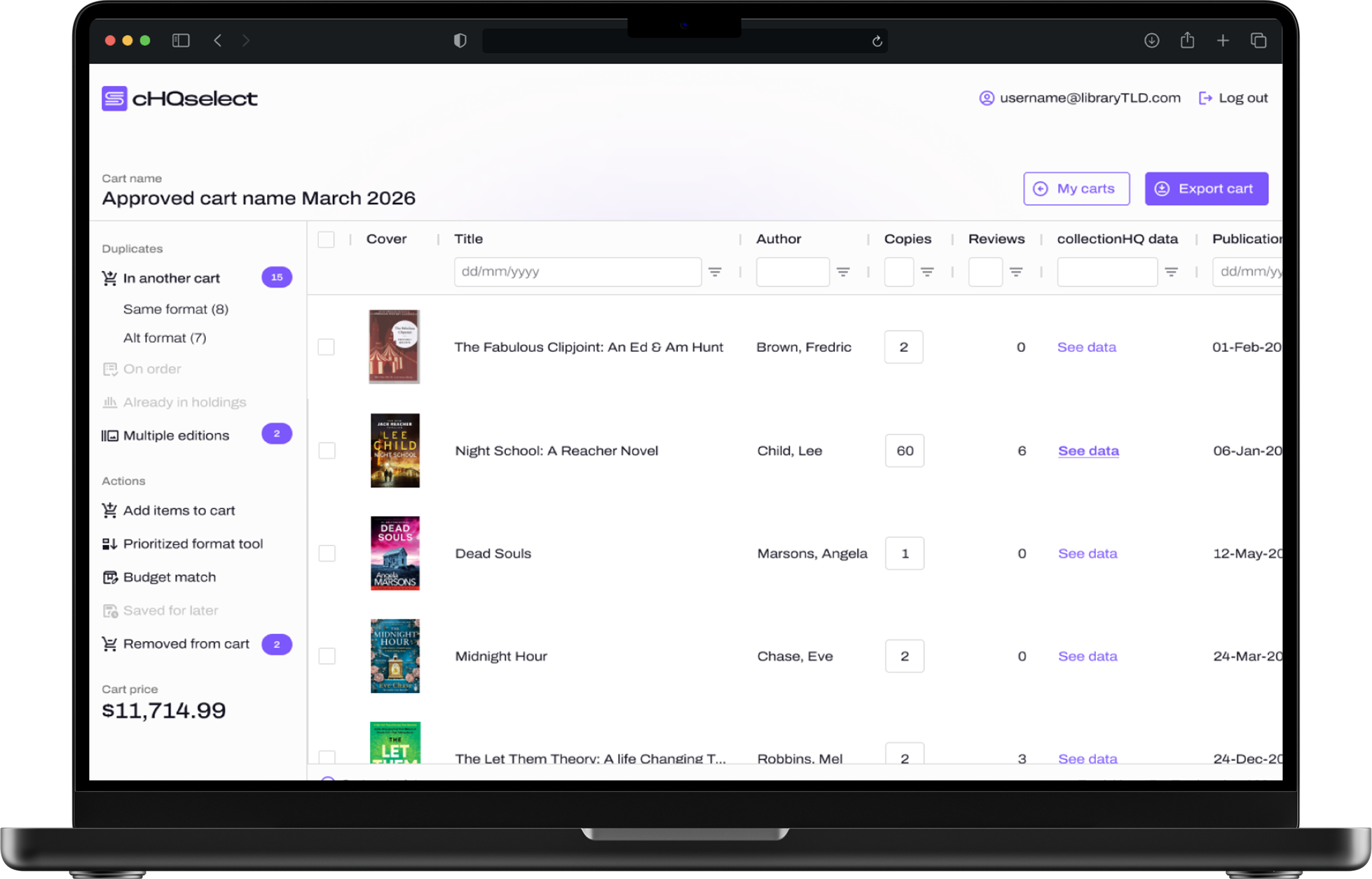 cHQselect interface showing an approved book cart with recommendations
